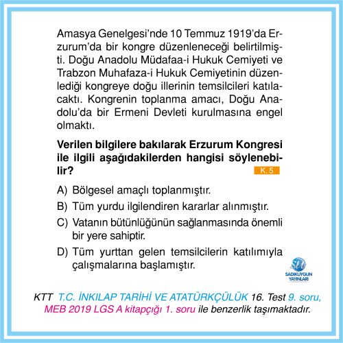 Lgs 2019 Da Benzeri Cikan T C Inkilap Tarihi Ve Ataturkculuk Sorularimiz Sadik Uygun Egitim Yayinlari